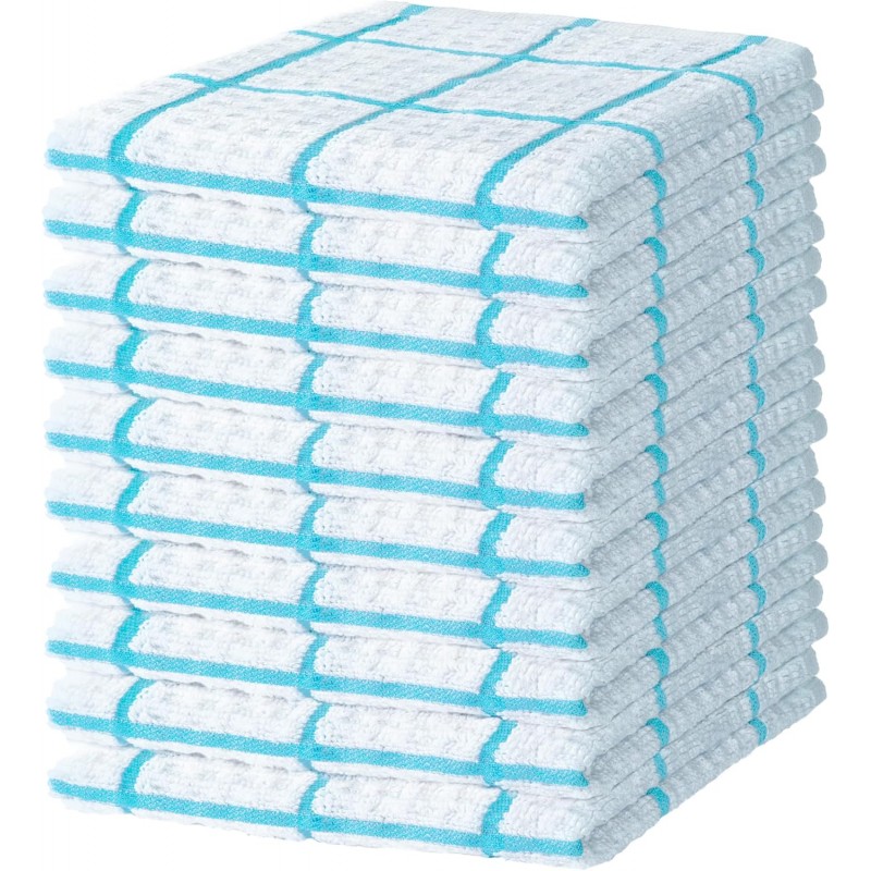 DecorRack 10 Pack Kitchen Towels, 12x12 inch Absorbent Dish Cloths, 100% Cotton Hand Towels, Waffle Weave Kitchen Dish Towels, Plaid Pattern Cleaning Rags, Turquoise (Pack of 10)