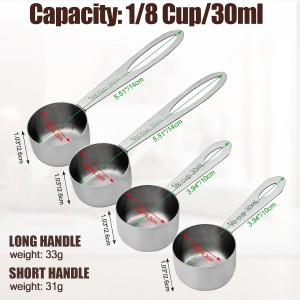 Luomorgo 4 Pcs Stainless Steel Measuring Scoops - 1/8 Cup (30ml) Long/Short Handle Scoop for Coffee, Tea, Baking, Kitchen