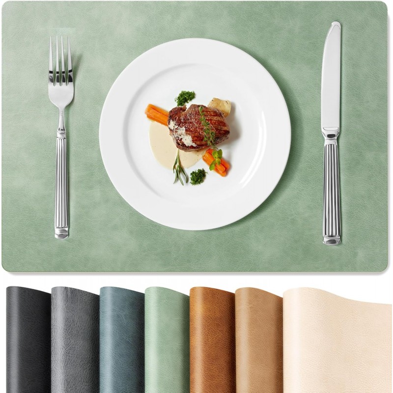 Roxifina Faux Leather Placemats Set of 6 - Vinyl Placemats Wipeable Waterproof Oil-Proof PU Place Mats Heat Resistant Reversible Table Mats for Dining, Kitchen, Outdoor, 12 x 17 Inch (Green)