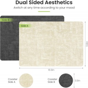 Placemats Set of 6, Faux Leather Heat Resistant Wipeable Placemats, Dual Sided Waterproof Washable Table Mats with Coaster, Suitable for Kitchen, Dining, Table Decor (6, Black Beige)