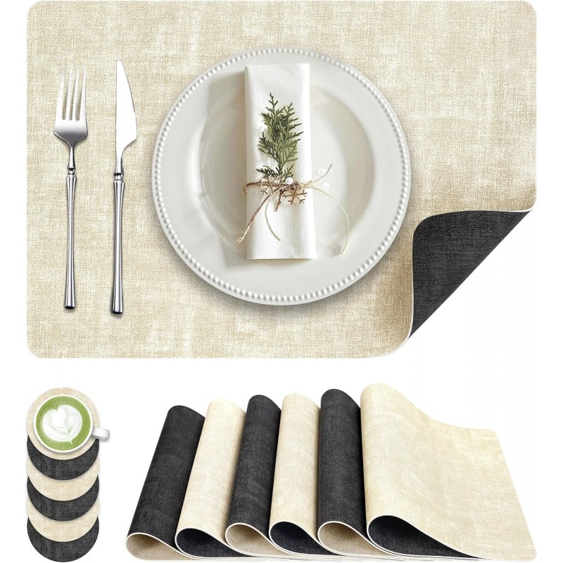 Placemats Set of 6, Faux Leather Heat Resistant Wipeable Placemats, Dual Sided Waterproof Washable Table Mats with Coaster, Suitable for Kitchen, Dining, Table Decor (6, Black Beige)