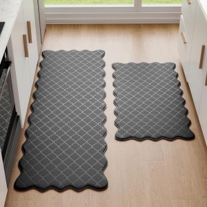 Upgrade Scalloped Embossed Kitchen Mats for Floor 2PCS Cushioned Anti Fatigue Waterproof Foam Kitchen Rugs Non Slip Washable Comfort Standing Mat for Office Sink Laundry, Black