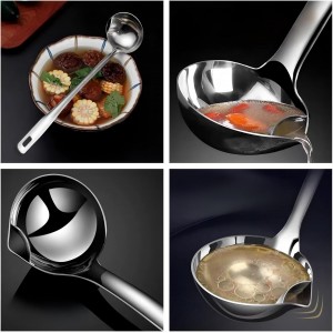 12inch 304 Stainless Steel Silver Oil Separator Soup Ladle, Grease Filter Scoop, Fat Separator Oil Separator for Cooking, Kitchen, Separate Fat, Filter Out Water and Oil