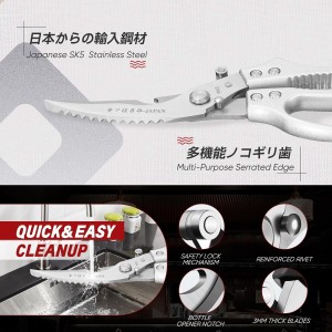 TIVOLI Poultry Shears Silver,Japanese Kitchen Shears Heavy Duty with Non-Slip Handle & Safety Lock,Multifunctional Kitchen Scissors for Chicken, Meat, Turkey, Fish, Vegetables,Ideal Gift