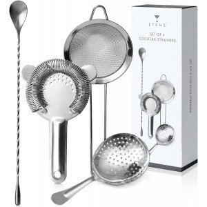 Cocktail Strainer Set – Bar tools Stainless Steel Includes Hawthorne Strainer, Julep & Fine Mesh Cocktail Strainers, Mixing Spoon – Drink Shaker Strainer for Bartending