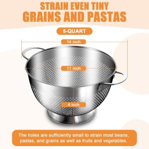 Stainless Steel Colander for Kitchen | 5 Quart Durable Rice and Pasta Strainer with Handle | Oversized Handles | Nesting Design | Rust-Resistant & Dishwasher Safe