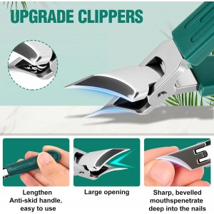 Upgraded Eagle Beak Beveled Nail Clippers, Long Handle Wide Jaw Slanted Nail Clipper, Eagle Beak Angled Edge Nail Clippers 3-Piece Set, Wide Jaw Opening Anti-Splash Nail Clipper for Men Women(Green)