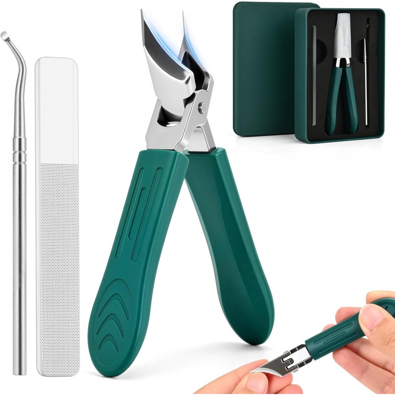 Upgraded Eagle Beak Beveled Nail Clippers, Long Handle Wide Jaw Slanted Nail Clipper, Eagle Beak Angled Edge Nail Clippers 3-Piece Set, Wide Jaw Opening Anti-Splash Nail Clipper for Men Women(Green)