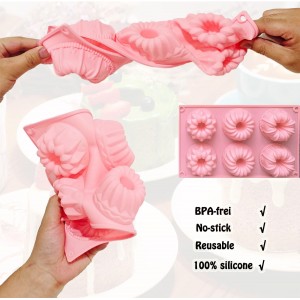 3pcs Mini Bundt Cake Pan,6-Cavity Fluted Tube Cake Pan,Silicone Cupcake Molds for Baking, Nonstick Cupcakes Mold for chocolate/Brownie/Jello