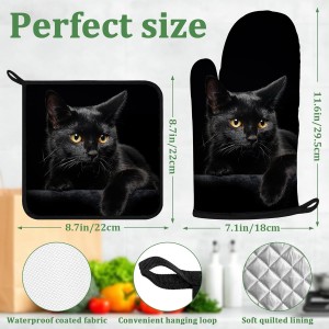 Black Cat Oven Mitts and Pot Holders Set 4 Pcs Extra Long Heat Resistant Gloves Potholder for Baking, BBQ, Grilling