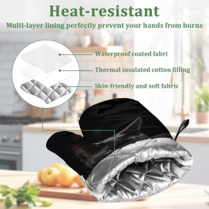 Black Cat Oven Mitts and Pot Holders Set 4 Pcs Extra Long Heat Resistant Gloves Potholder for Baking, BBQ, Grilling