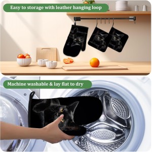Black Cat Oven Mitts and Pot Holders Set 4 Pcs Extra Long Heat Resistant Gloves Potholder for Baking, BBQ, Grilling