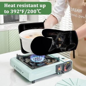 Black Cat Oven Mitts and Pot Holders Set 4 Pcs Extra Long Heat Resistant Gloves Potholder for Baking, BBQ, Grilling