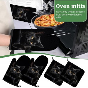 Black Cat Oven Mitts and Pot Holders Set 4 Pcs Extra Long Heat Resistant Gloves Potholder for Baking, BBQ, Grilling