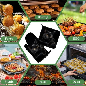 Black Cat Oven Mitts and Pot Holders Set 4 Pcs Extra Long Heat Resistant Gloves Potholder for Baking, BBQ, Grilling