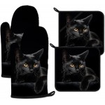 Black Cat Oven Mitts and Pot Holders Set 4 Pcs Extra Long Heat Resistant Gloves Potholder for Baking, BBQ, Grilling