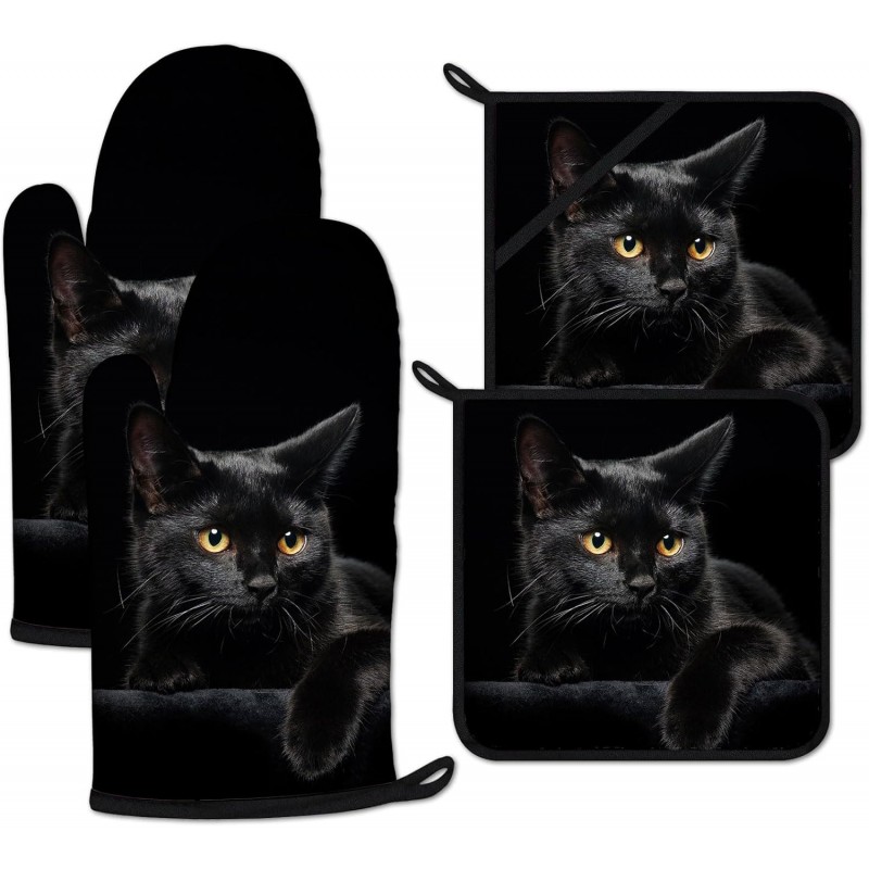 Black Cat Oven Mitts and Pot Holders Set 4 Pcs Extra Long Heat Resistant Gloves Potholder for Baking, BBQ, Grilling