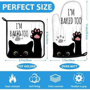 Funny Black Cat Oven Mitts and Pot Holders Sets Heat Resistant 4Pcs Potholders Oven Gloves Hot Pads for Kitchen Baking Cooking Grilling BBQ