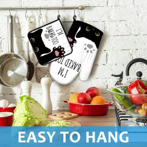 Funny Black Cat Oven Mitts and Pot Holders Sets Heat Resistant 4Pcs Potholders Oven Gloves Hot Pads for Kitchen Baking Cooking Grilling BBQ