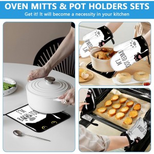 Funny Black Cat Oven Mitts and Pot Holders Sets Heat Resistant 4Pcs Potholders Oven Gloves Hot Pads for Kitchen Baking Cooking Grilling BBQ