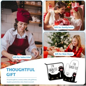 Funny Black Cat Oven Mitts and Pot Holders Sets Heat Resistant 4Pcs Potholders Oven Gloves Hot Pads for Kitchen Baking Cooking Grilling BBQ