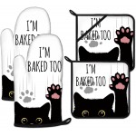 Funny Black Cat Oven Mitts and Pot Holders Sets Heat Resistant 4Pcs Potholders Oven Gloves Hot Pads for Kitchen Baking Cooking Grilling BBQ