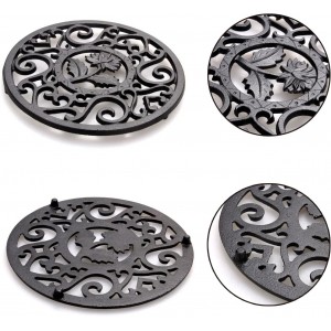 1Pcs 4.69Inch Iron Cast Trivet for Hot Dishes, Black Vintage Pattern Metal Trivets for Hot Pots and Pans (Black Chrysanthemum)