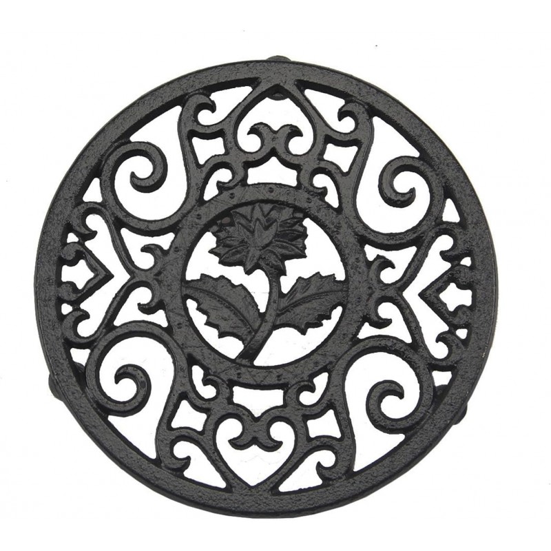 1Pcs 4.69Inch Iron Cast Trivet for Hot Dishes, Black Vintage Pattern Metal Trivets for Hot Pots and Pans (Black Chrysanthemum)