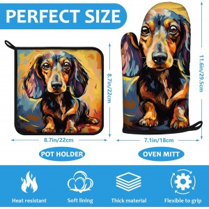 Watercolor Dog Oven Mitts and Pot Holders Sets Heat Resistant 4Pcs Potholders Oven Gloves Hot Pads for Kitchen Baking Cooking Grilling BBQ