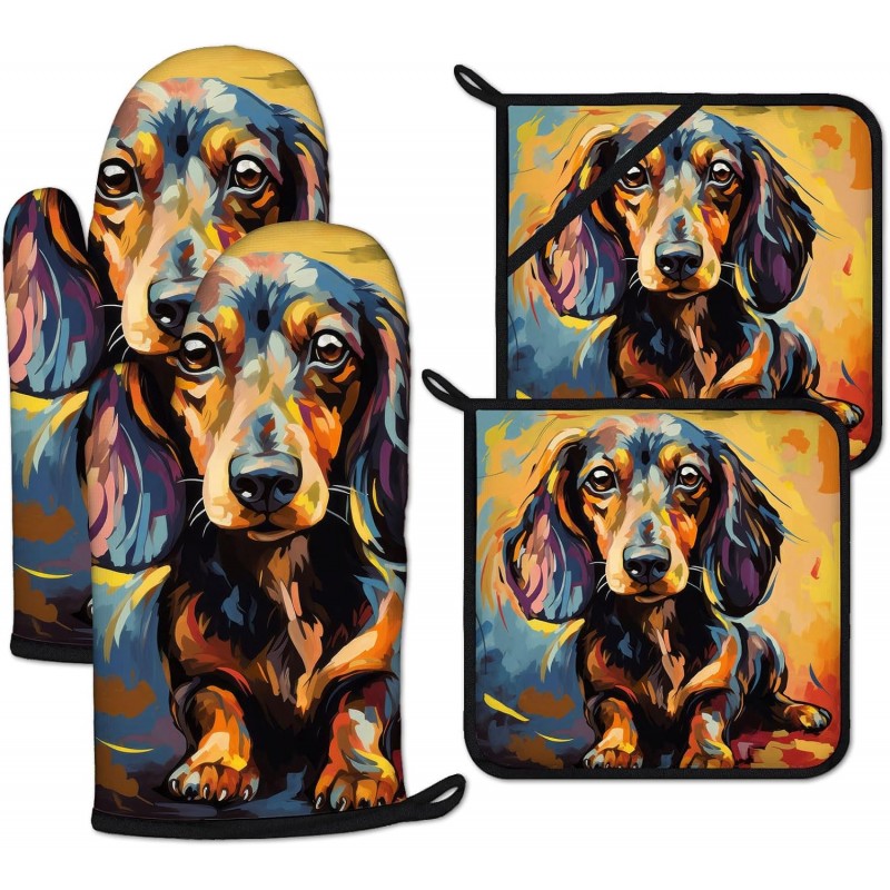 Watercolor Dog Oven Mitts and Pot Holders Sets Heat Resistant 4Pcs Potholders Oven Gloves Hot Pads for Kitchen Baking Cooking Grilling BBQ