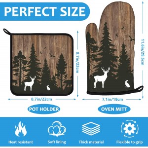 Deer Forest Wood Grain Oven Mitts and Pot Holders Sets Heat Resistant 4Pcs Potholders Oven Gloves Hot Pads for Kitchen Baking Cooking Grilling BBQ
