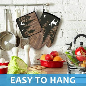 Deer Forest Wood Grain Oven Mitts and Pot Holders Sets Heat Resistant 4Pcs Potholders Oven Gloves Hot Pads for Kitchen Baking Cooking Grilling BBQ