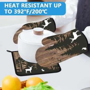 Deer Forest Wood Grain Oven Mitts and Pot Holders Sets Heat Resistant 4Pcs Potholders Oven Gloves Hot Pads for Kitchen Baking Cooking Grilling BBQ