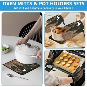 Deer Forest Wood Grain Oven Mitts and Pot Holders Sets Heat Resistant 4Pcs Potholders Oven Gloves Hot Pads for Kitchen Baking Cooking Grilling BBQ