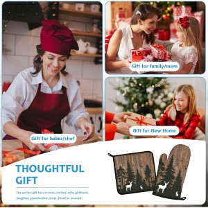 Deer Forest Wood Grain Oven Mitts and Pot Holders Sets Heat Resistant 4Pcs Potholders Oven Gloves Hot Pads for Kitchen Baking Cooking Grilling BBQ
