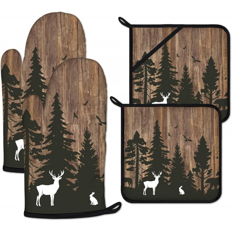 Deer Forest Wood Grain Oven Mitts and Pot Holders Sets Heat Resistant 4Pcs Potholders Oven Gloves Hot Pads for Kitchen Baking Cooking Grilling BBQ