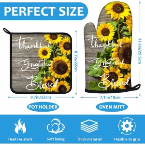 Sunflower Wood Grain Oven Mitts and Pot Holders Sets Heat Resistant 4Pcs Potholders Oven Gloves Hot Pads for Kitchen Baking Cooking Grilling BBQ