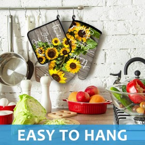 Sunflower Wood Grain Oven Mitts and Pot Holders Sets Heat Resistant 4Pcs Potholders Oven Gloves Hot Pads for Kitchen Baking Cooking Grilling BBQ