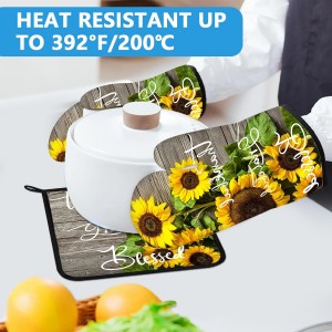 Sunflower Wood Grain Oven Mitts and Pot Holders Sets Heat Resistant 4Pcs Potholders Oven Gloves Hot Pads for Kitchen Baking Cooking Grilling BBQ