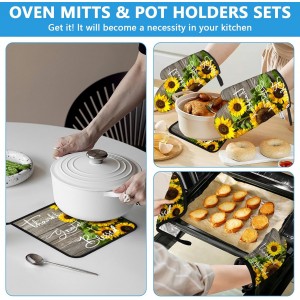 Sunflower Wood Grain Oven Mitts and Pot Holders Sets Heat Resistant 4Pcs Potholders Oven Gloves Hot Pads for Kitchen Baking Cooking Grilling BBQ