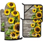 Sunflower Wood Grain Oven Mitts and Pot Holders Sets Heat Resistant 4Pcs Potholders Oven Gloves Hot Pads for Kitchen Baking Cooking Grilling BBQ