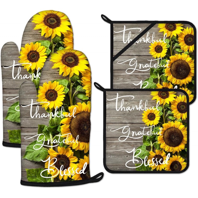 Sunflower Wood Grain Oven Mitts and Pot Holders Sets Heat Resistant 4Pcs Potholders Oven Gloves Hot Pads for Kitchen Baking Cooking Grilling BBQ