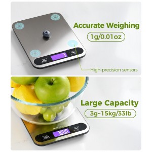 Atogou Food Scale, 33lb/ 15kg Digital Kitchen Scale with Full View LCD Display, Durable Stainless Steel Surface, for Cooking, Baking, Meal Prep Black