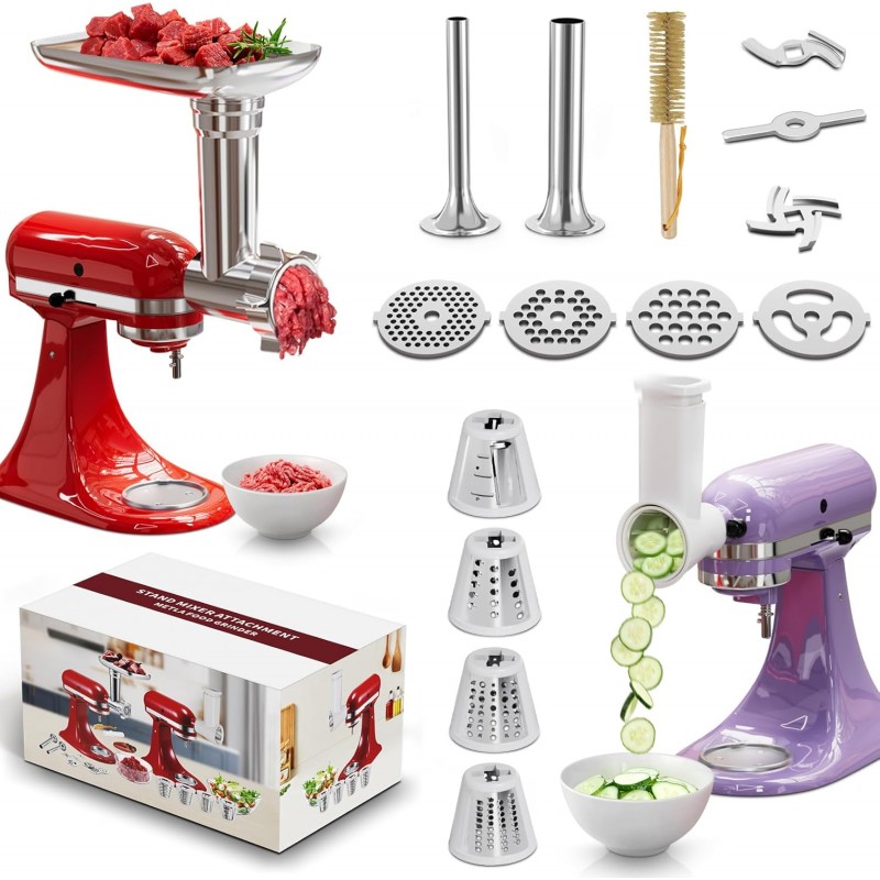 21Pcs Meat Grinder & Cheese Grater Attachment for KitchenAid Stand Mixer, with 4 Grinding Plates, Metal Sausage Stuffer Tubes, 4 Slicer Shredder Attachment, Kitchen Aid Accessories and Attachments