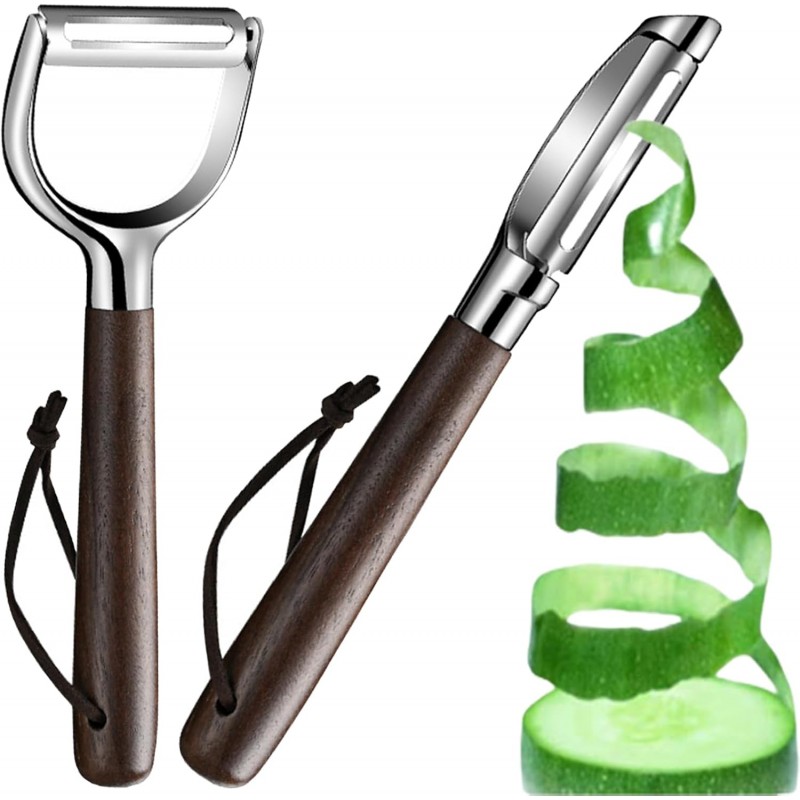 Premium Vegetable Peeler Set - Stainless Steel Y-shaped & I-shaped Peelers with Ergonomic Non-Slip Wood Handle and Hanging Loop for Fruits, Carrot,Veggie, Potatoes & Kitchen Use (2-Piece)