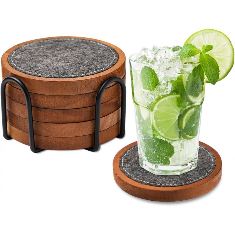Wood Coaster for Drinks, Set of 5, Absorbent and Insulation Felt Stackable Cup Holders, Coasters for Wooden Table,4.15 inch