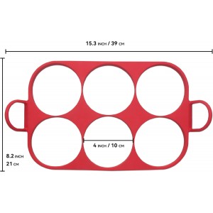 Baker's Friend 6 Round Silicone Egg Rings for Frying Eggs & Pancake, Non-Stick & Heat-Resistant, Ergonomic Handles, Omelette Ring for Griddle, 4 Inch, Red