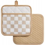 Beige Checkered Pot Holder, Checkerboard Potholders for Kitchen, Silicone Pot Holders with Pocket for Kitchen Clearance 2 Pack Set, Hot Pads and Oven Mitts for Cooking Baking