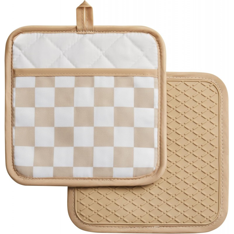 Beige Checkered Pot Holder, Checkerboard Potholders for Kitchen, Silicone Pot Holders with Pocket for Kitchen Clearance 2 Pack Set, Hot Pads and Oven Mitts for Cooking Baking