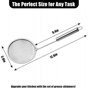 Stainless Steel Fat Skimmer Spoon 4”Multi-Functional Fine Mesh Hot Pot Grease Strainer with 9.4” Heat-Resistant Handle For Frying, Soup, Quinoa, Miso